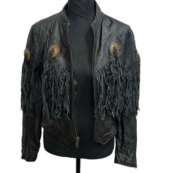 Vintage 70s Pioneer Wear Black Leather Fringe Western Jacket Size 12/ MEDIUM - Picture 9 of 16